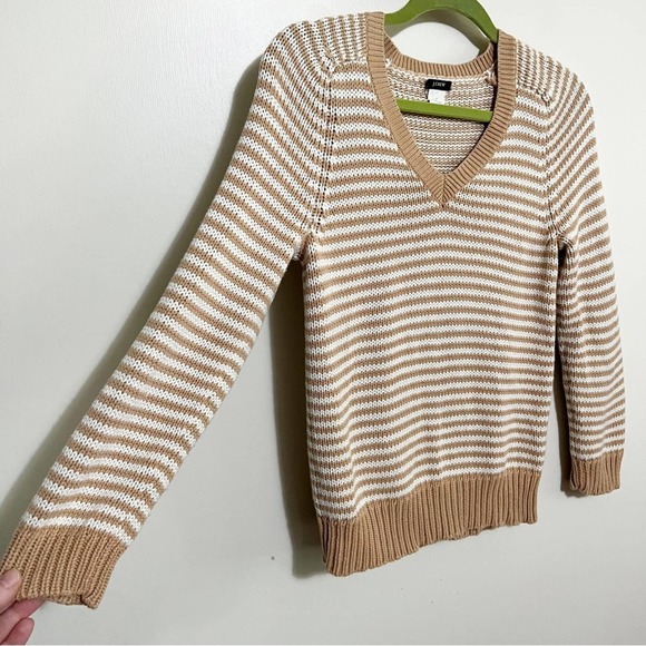 J Crew Tan Striped Cotton V-Neck Sweater Small - Picture 2 of 7